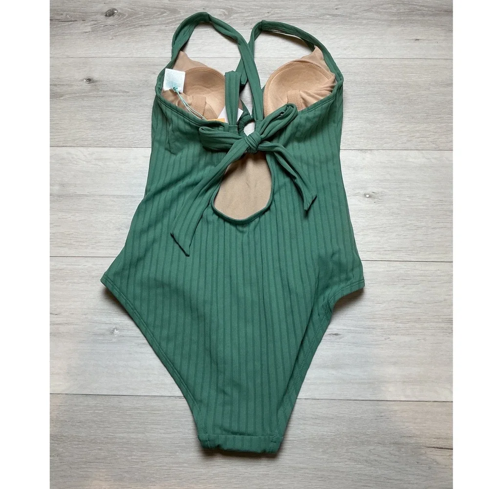 Kona Sol Ribbed O-Ring One Piece Swimsuit Women Size M Green New With Tags
